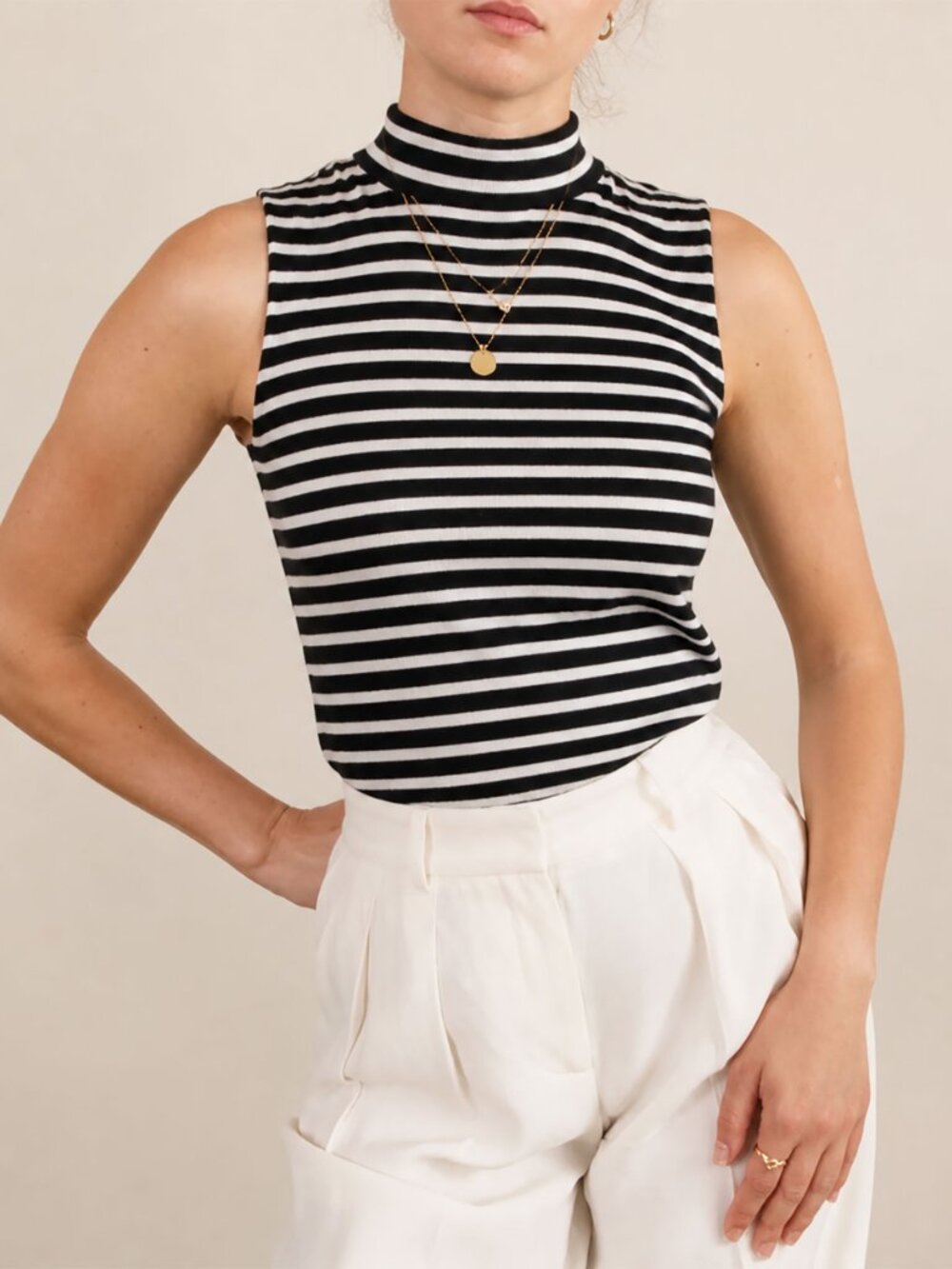 J.Crew Women's Small Black White Striped Mock Neck Sleeveless Zip Back Knit Top